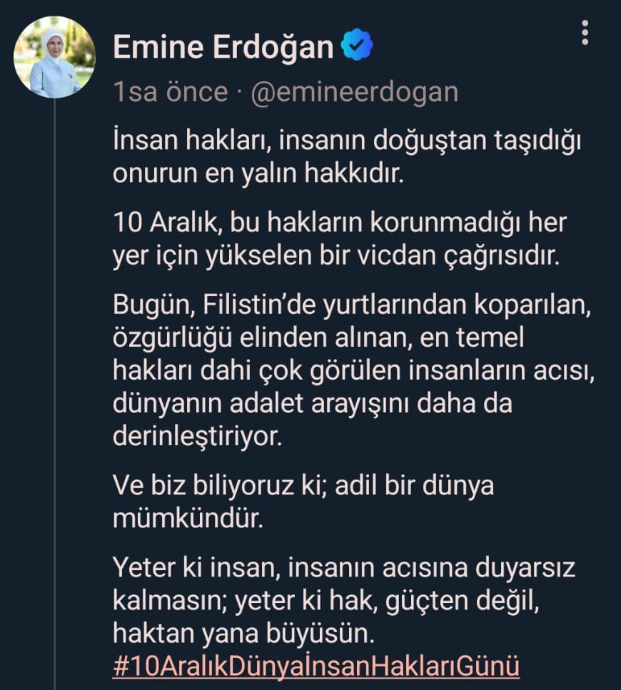 Emine Erdoğan: "Bugün Filistin’de yurtlarından koparılan, özgürlüğü elinden alınan, en temel hakları dahi çok görülen insanların acısı, dünyanın adalet arayışını daha da derinleştiriyor"

