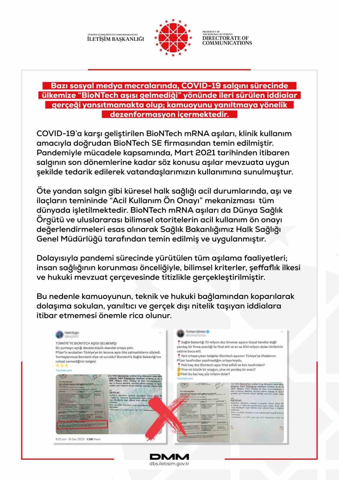 DMM’den "Türkiye’ye BioNTech aşısı gelmedi" iddialarına yalanlama
