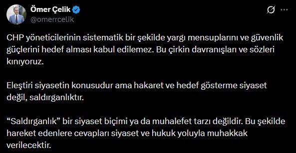AK Parti Sözcüsü Çelik’ten CHP’ye tepki: "Hakaret ve hedef gösterme siyaset değil, saldırganlıktır"
