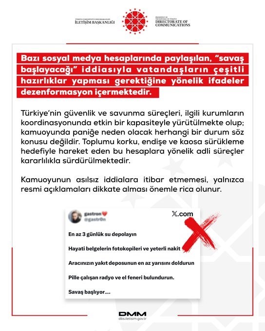 DMM: "Savaş başlayacağı iddiasıyla vatandaşların hazırlıklar yapması gerektiğine yönelik ifadeler dezenformasyon içermektedir"
