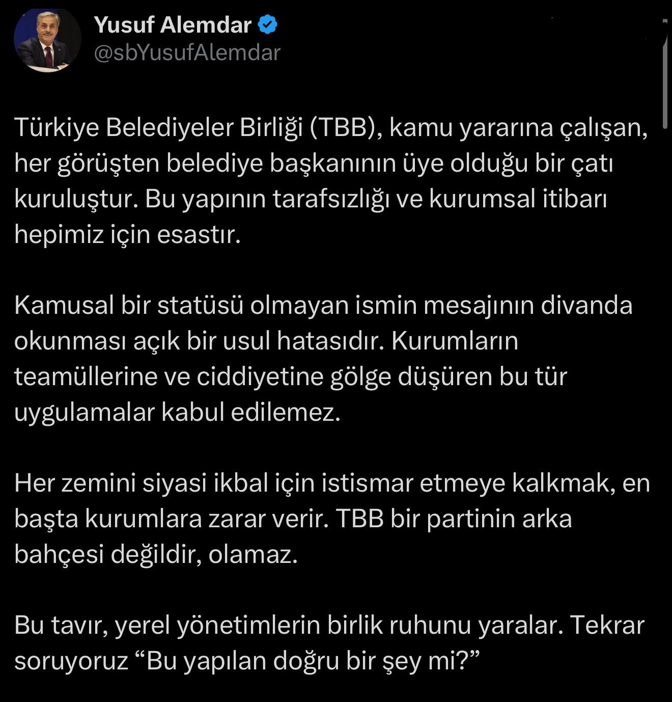 TBB’de kriz oluşturan ‘mektup’ gerginliği sonrası Alemdar’dan sert eleştiri
