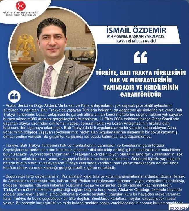 MHP’li Özdemir: "Türkiye, Batı Trakya Türklerinin hak ve menfaatlerinin yanındadır ve garantörüdür"
