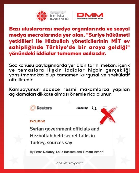 DMM’den "Suriye yetkilileri ile Hizbullah yöneticileri MİT ev sahipliğinde bir araya geldi" iddialarına yalanlama
