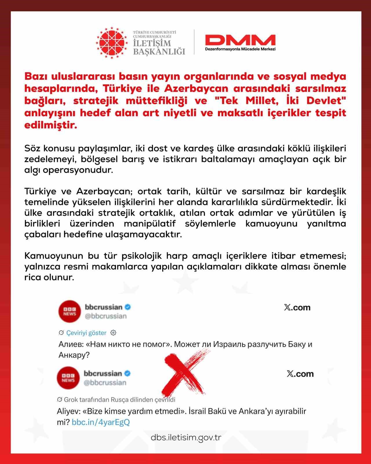 Dezenformasyonla Mücadele Merkezi: "Türkiye ve Azerbaycan, kardeşlik temelinde yükselen ilişkilerini kararlılıkla sürdürmektedir"
