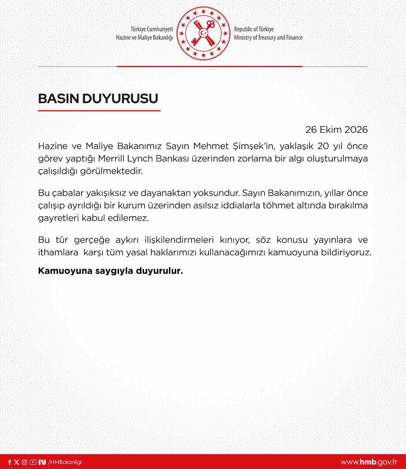 Bakan Şimşek’e yönelik iddialara ilişkin Hazine ve Maliye Bakanlığından yalanlama
